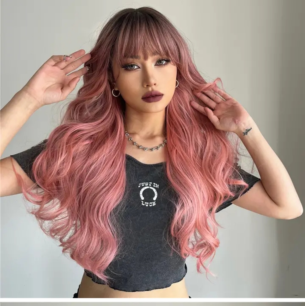 26 inch Ombre Pink to Pink Wavy Middle Part Synthetic Hair Wig with Bang